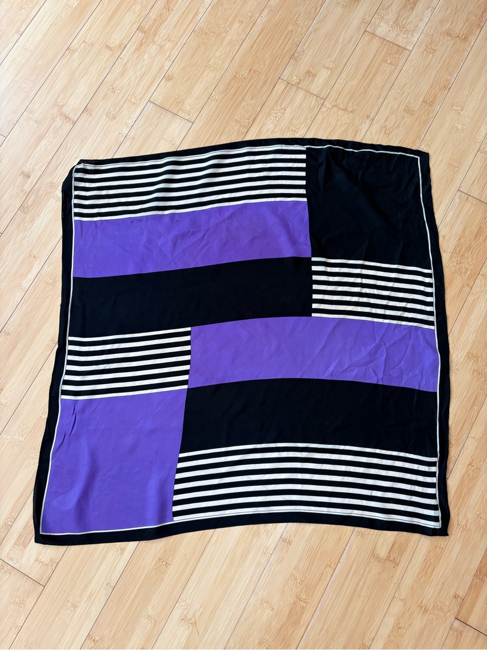 Vintage Silk Striped Colorblock Square Scarf in Black and Purple